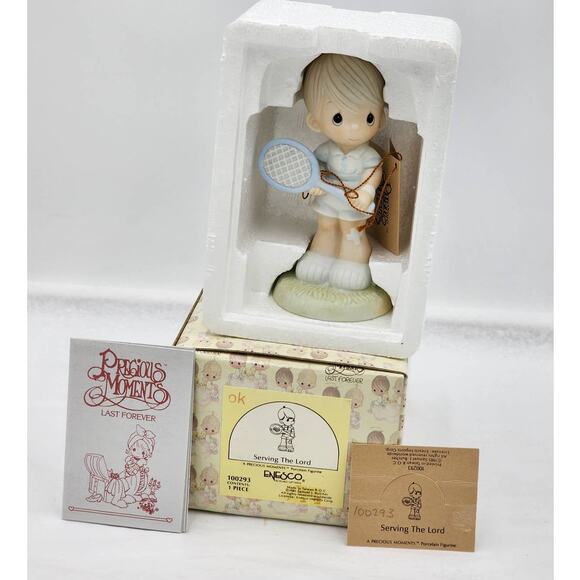 Precious Moments Figurine Serving The Lord 1985 Tennis Vintage 100293 W/Box Tags - Picture 1 of 6